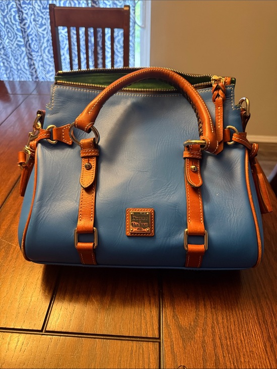 Dooney & Bourke Handbags - Dooney & Bourke Blue Leather Satchel with Brown Trim and Handles